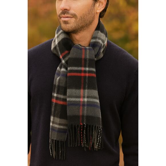 Made In Scotland 100% Cashmere Gray Black Red Plaid Scarf Unisex NWOT - Picture 1 of 4